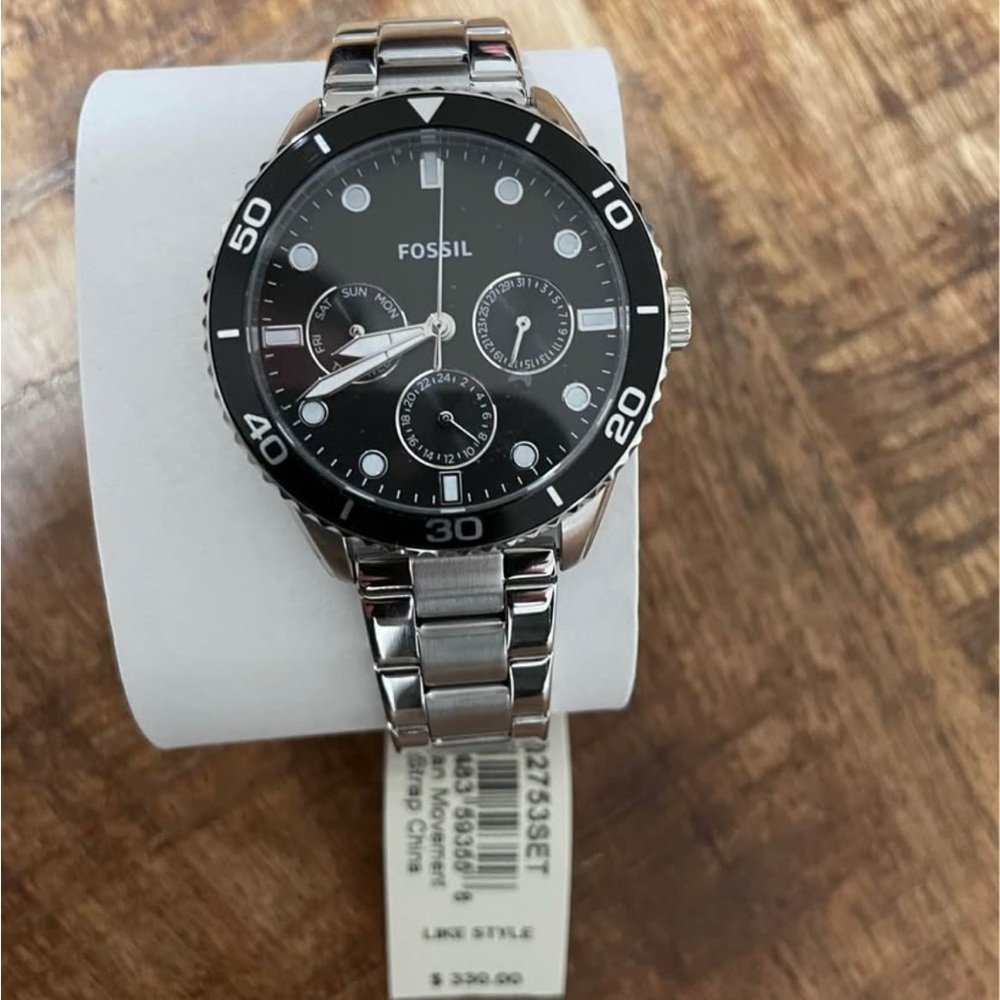 Fossil Black Dial Silver Band Watch